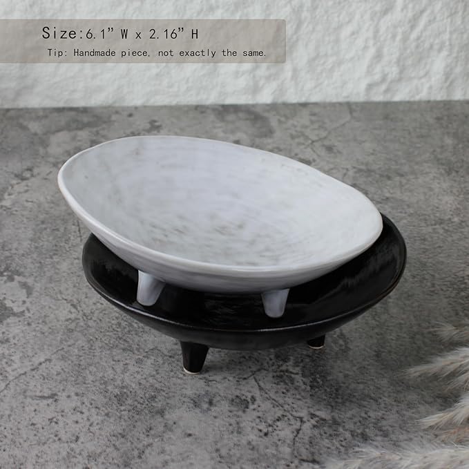Wabi Sabi Footed Decorative Bowl, Multi-Purpose Small Ceramic Bowl, Vintage Rustic Boho Shelf Table Decor, Natural White
