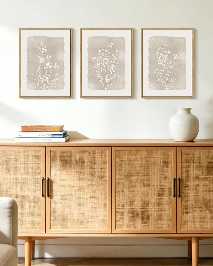 KUVIOKE Boho Botanical Flower Wall Art Framed Vintage Floral Wall Prints Wildflower Neutral Rustic Bohemain Artwork Kitchen Bedroom Decor 11x14in (Natural Framed)