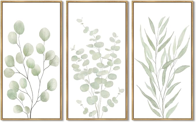 KUVIOKE Light Green Botanical Leaf Framed Wall Art Green Sage Eucalyptus Plant Illustrations Modern Artwork for Living Room Bedroom 8x16in3pcs Natural Framed