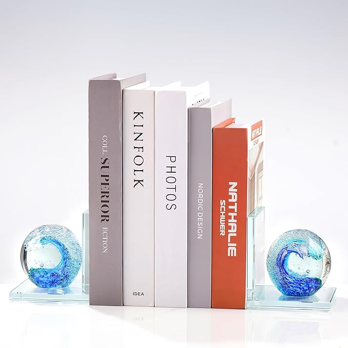 Book Ends for Shelves, Glass Bookends with Deep Ocean Blue Crystal Hand Blown Sea Wave Ball, Non Skid Sturdy Glass Decorative Bookends for Ocean Lovers, Heavy Books, Office, Set of 2