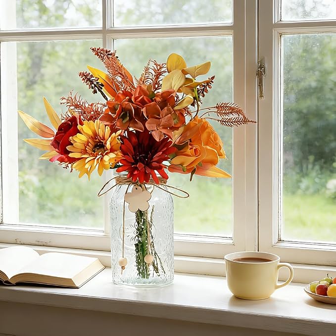 Silk Flowers with Vase, Artificial Flowers Arrangement with Glass Vase Faux Rose for Decoration Table Centerpiece (Daisy Orange)
