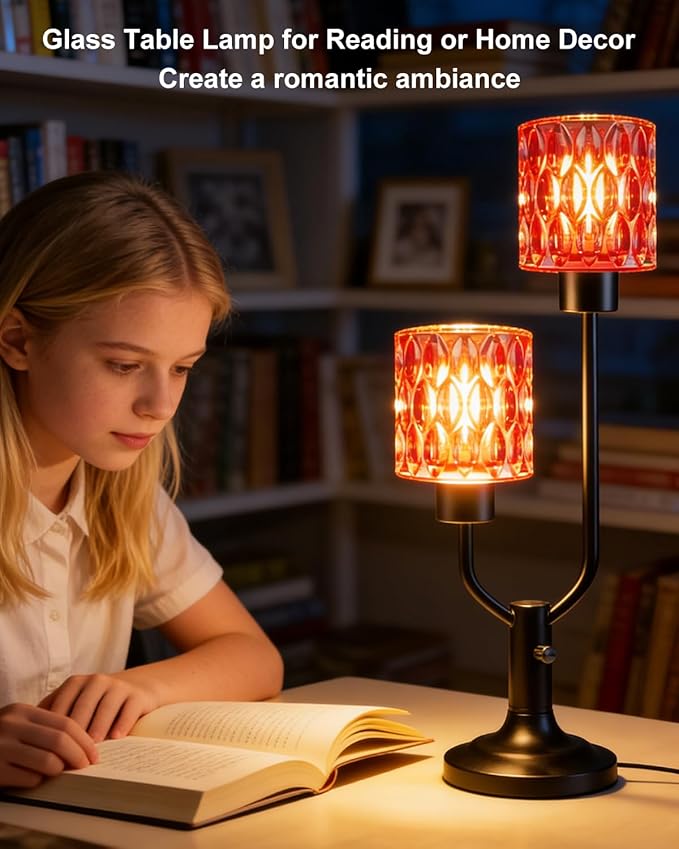Lightdot Mid Century Modern Glass Table Lamp Dimmable Black Desk Lamp with Red Glass Shades 3 Bulbs Included 3000K Warmwhite Farmhouse Nightstand Ambiance Lamp for Living Room Bedroom Bedside