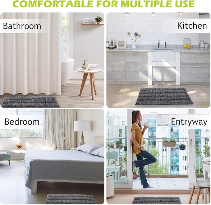 KGORGE Grey Bath Mat - Quick Drying Soft Bathroom Rugs Non-Slip Absorbent Machine Washable Shaggy Chenille Shower Carpet for Tub Kitchen Entryway, 47 x 17, 1 Piece