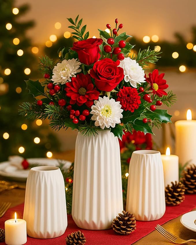 White Ceramic Vases Set of 3 – Modern Ribbed Vase Centerpieces for Pampas Grass, Eucalyptus, Dried or Fresh Flowers, Minimalist Home Decor for Living Room, Bookshelf, Table & Office