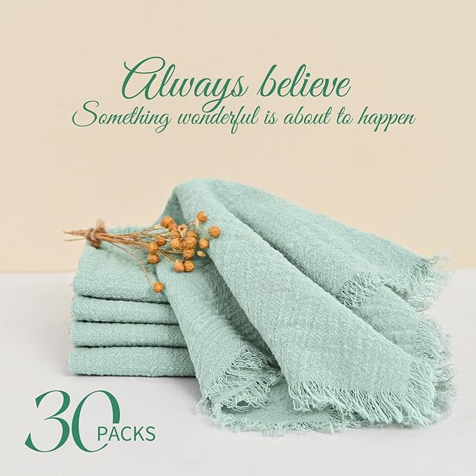 30 Packs Cotton Linen Napkins,Handmade Cloth Napkins Bulk with Fringe, Rustic Boho Napkins Cloth,Cloth Napkins for Romantic Wedding Party Event Dinner Birthday Table Decor(Sage Green,16 x 16 Inch)