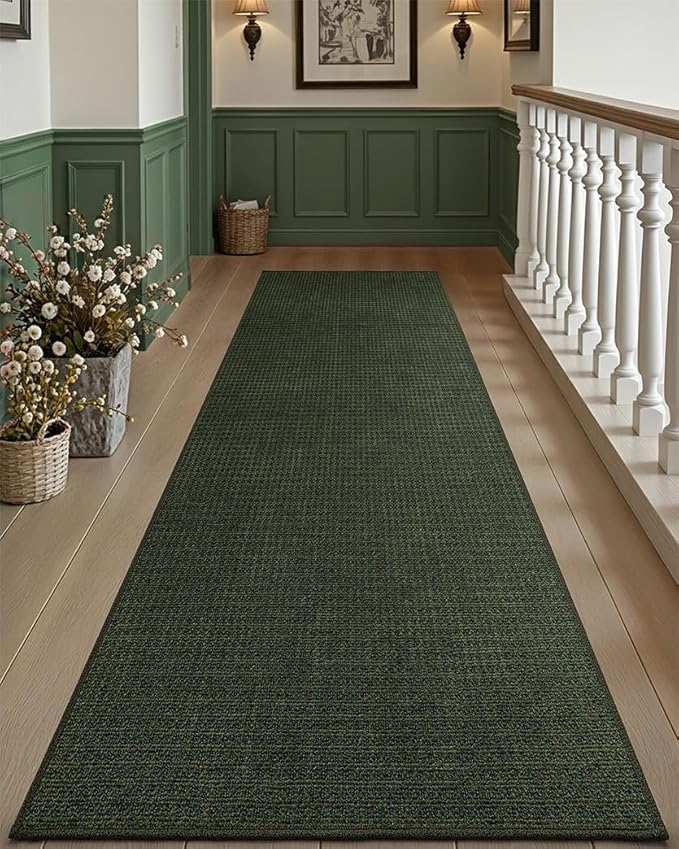 DEXI Hallway Runner Rug 3x10, Non Slip Low Pile Entryway Rug Runners with Rubber Backing, Dirt Trapping Hallways Floor Carpet for Indoor Hall Kitchen Bedroom Bathroom Laundry Room, Olive Green