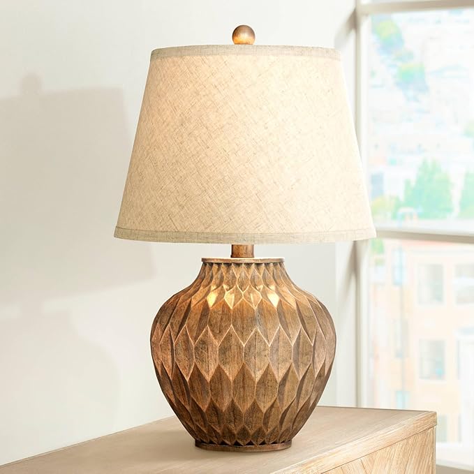 360 Lighting Buckhead Modern Accent Table Lamp 22" High Warm Bronze Brown Sculptural Geometric Textured Urn Tapered Fabric Drum Shade Bedroom Living Room House Home Bedside Nightstand Office