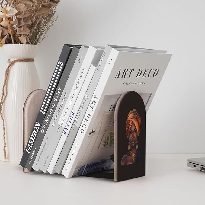 Black Women Beautiful Girl L-Shaped Book Ends 1 Pair Wood Bookends Book End Supports for Heavy Book Shelf Holder Home Decorative