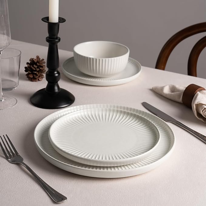 Famiware Starlight 12-Piece Plates and Bowls Sets for 4, Stoneware Dinnerware with Ribbed Textured, Handcrafted Reactive Glaze Dishes - Dishwasher & Microwave Safe, Chip/Scratch Resistant, Matte White
