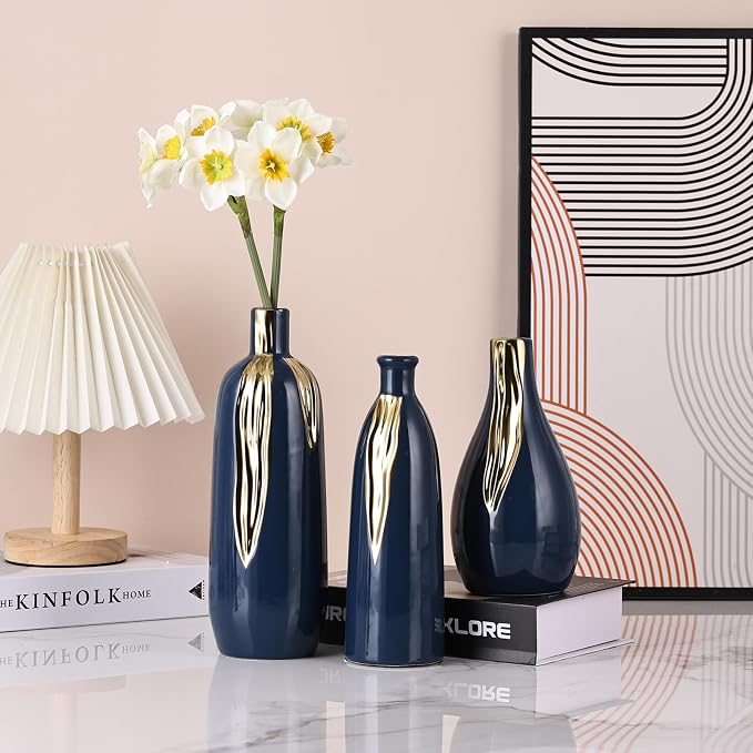 Ceramic Vase Set of 3, Blue and Gold Vases for Home Decor Farmhouse Vases, Mantels, Shelves and Entryways, Table Centerpieces, Living Rooms, Fireplaces and Kitchen Decor.