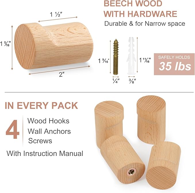 Wood Wall Hooks for Hanging, 4 Pack Rustic Coat Hooks Wall Mount, Handmade Wooden Pegs Hat Hook, Entryway Walls Hanger for Coat Purse, Boho Bathroom Towel Rack (Beech Wood)