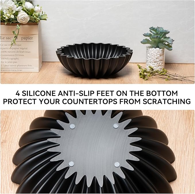 Large Decorative fruit bowl for Home Decor Modern Handicraft Key Bowl for Entryway Table Ruffle Centerpiece Stylish Purse Bowl for Kitchen Counter Coffee Table(Artificial Stone Black)