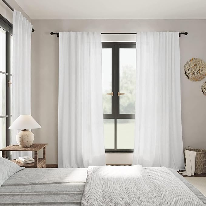 Nanspring White Linen Curtains 115 Inches Long 2 Panels Set for Living Room Extra Long Back Tab Curtains Farmhouse Semi Sheer Light Filtering Linen Drapes Ceiling to Floor for Large Window 52x115