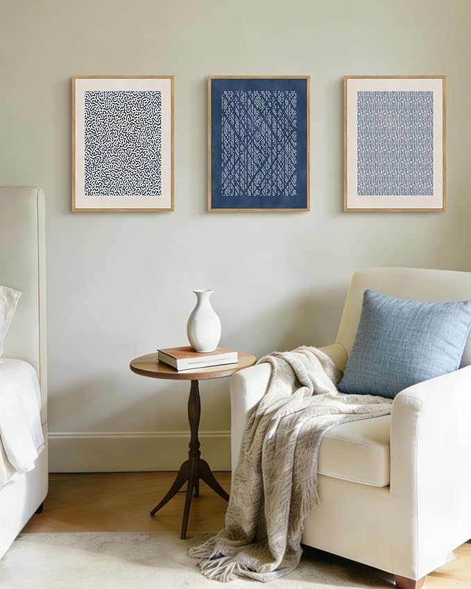 PHOPAGO Neutral Abstract Framed Wall Art Bohemain Blue Mid-Century Wall Decor Modern Blue Mid-Century Geometric Art Paints for Kitchen Dining Room - 11x14in Natural Framed