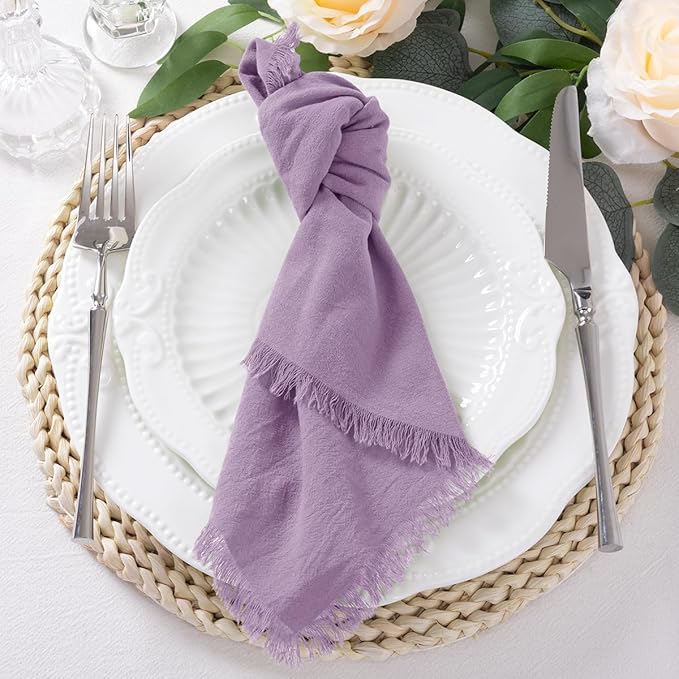 DeZerlor 12 Pack Purple Cotton Linen Napkins with Fringe Summer Cloth Napkins Set of 12 Boho Handmade Dinner Napkins Bulk for Wedding Bridal Baby Shower Parties, 17 x 17 Inches