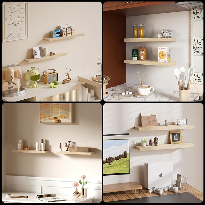 Oak Floating Shelves for Wall, Wall Mounted Wooden Shelves for Bathroom, Bedroom, Kitchen & Living Room, Rustic Storage & Decor Display Shelf for Plants, Books & Towels, Set of 2, 24"x7"x1.5"
