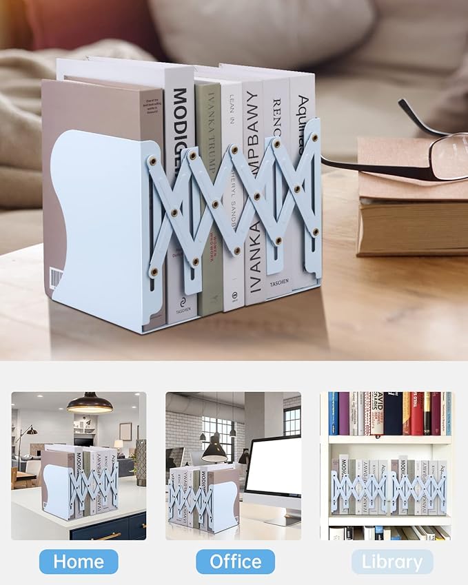 Honagu Adjustable Bookends, Metal Book Ends for Shelves Heavy Book, Desk Magazine File Organizer for Home, Office, Books, Papers, Extends up to 19 inches, Gifts for Students,Teachers (Light Blue)