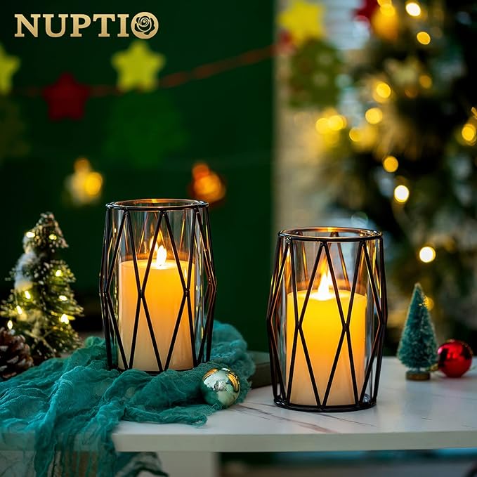Nuptio Black Pillar Candle Holders - Glass Candles Holder with Geometric Metal Rack Stand for Wedding Birthday Party Centerpieces - Flower Vase Small Hurricane Vases for Office Living Room