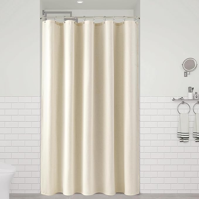 Naturoom Warm Beige 60 Inch Shower Curtain - Stall Narrow Half Linen Ultra Thick Fabric Shower Curtain Set with Hooks, Boho Farmhouse Rustic RV Camper Bath Curtains for Bathroom, 60x72