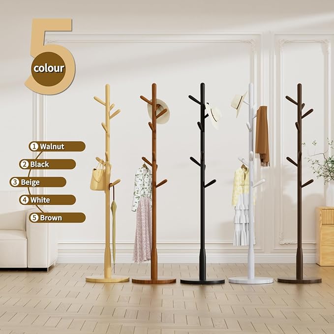 Solid Wood Round Base Coat Rack, Free Standing Hall Coat Tree with 8 Hooks(+2 spare for Coats, Hats, Bags, Purses, for Entryway, Hallway, Rubberwood Hooks,Base and Pole(Round Base,Black)