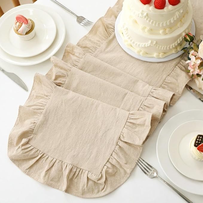 Natural Ruffled Table Runner 72 Inches Long Scalloped Table Runner Rustic Cotton Tabletop Farmhouse Decor for Baby Shower Bride Shower Birthday Party Holiday Wedding (Solid Color)