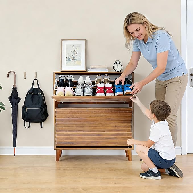 Narrow Shoe Storage Cabinet for Entryway 31.5'' Hidden Shoe Rack Cabinet with 2 Flip Drawers, Wood Slim Shoes Organizer with Wood Stripes for Hallway, Living Room (Walnut)
