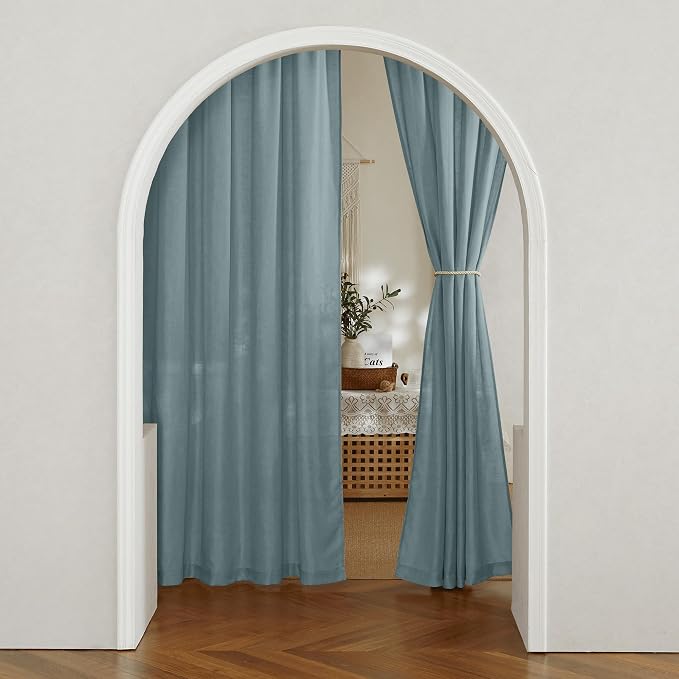 RYB HOME Linen Sheer Curtains 2 Panels for Living Room, Semi Transparent Privacy Drapes with Rod Pocket Farmhouse Style Window Treatments for Bedroom, Stone Blue, 52" W x 84" L