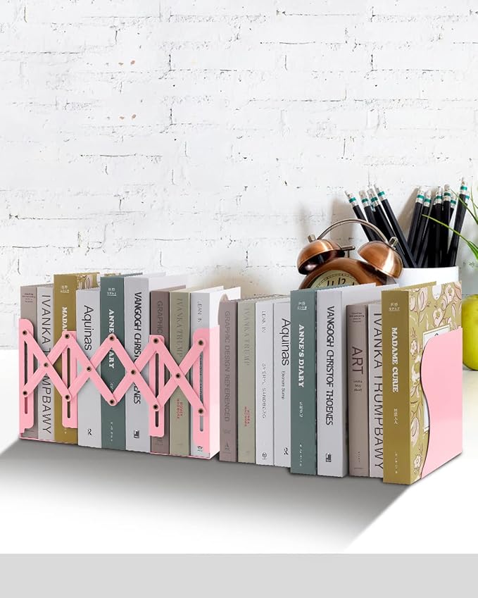 Honagu Adjustable Bookends, Metal Book Ends for Shelves Heavy Book, Desk Magazine File Organizer for Home, Office, Books, Papers, Extends up to 19 inches, for Students,Teachers (Pink)