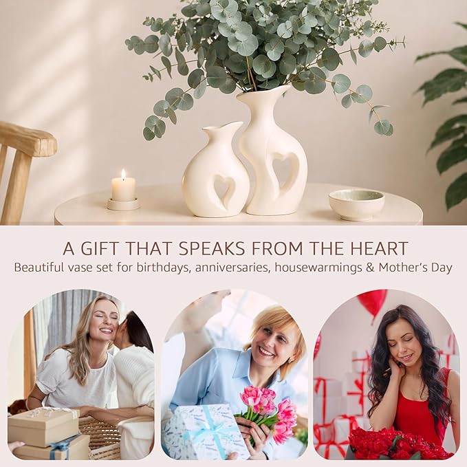 White Ceramic Vase Hollowed Heart Flower Vase Set for Modern Nordic Boho Home Decor, Aesthetic Vase for Table Centerpiece, Wedding, Living Room, Bookshelf, Office, Entryway, Console, Fireplace(Matte)