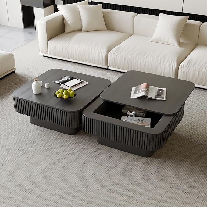 Square Coffee Table for Living Room,Fluted Drum Accent Tea Center Table with Storage,Solid Wood Modern Coffee Tables for Small Space Office Apartment (31.5" L×31.5''W×14''H-Black)