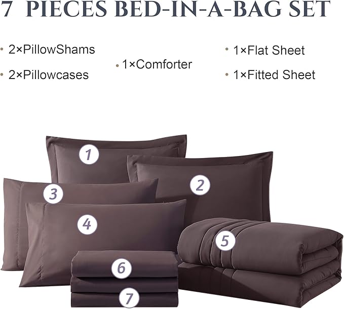 Monbix Queen Comforter Set - 7 Pieces ltalian Plum Bed in a Bag Queen Bedding Sets with Comforters, All Seasons Comforter Bed Set with Sheets, Pillowcases & Shams