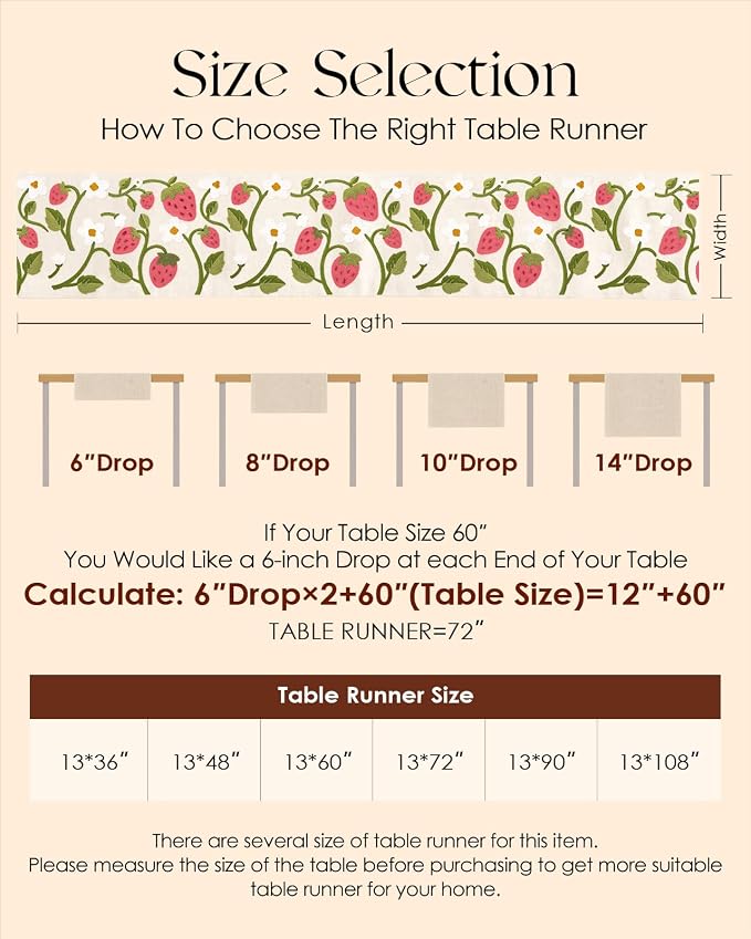 Canvas Embroidered Table Runner - 13"x 108" Narrow Coffee Table Runner for Living Dining Room Cute Tablerunner Washable Kitchen Island Decor Housewarming Gift, Pink Strawberry