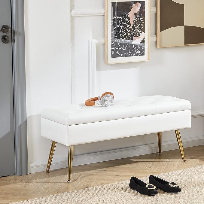 White Leather Bench for Bedroom Storage Ottoman Bench with Storage End of Bed Bench