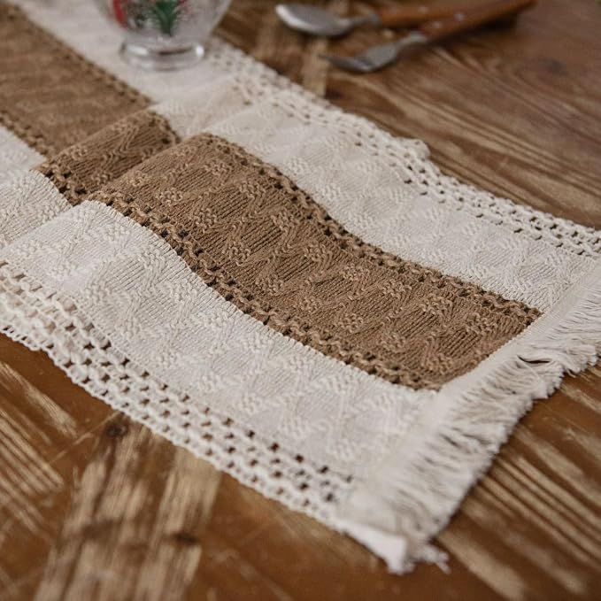 ZAIIVE Geometric Patterned Table Runner with Tassels ,Rustic Table Runners 70 Inches Long for Dresser Home Dining Table Decor (Cream & Brown Stripes, 12x70'')