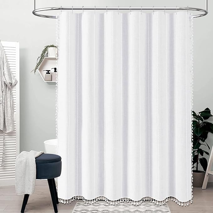 BTTN Boho Shower Stall Curtain - 48x72 Narrow Farmhouse Linen Ultra Thick Tassel Fabric Cloth Shower Curtain Set with 8 Hooks, Half Striped Camper RV Modern Country Shower Curtains for Bathroom, White