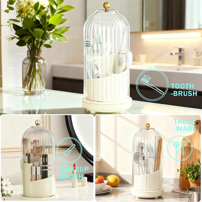 Multifunctional Rotating Toothbrush Holders with Sliding Lid and Draining Tray, 3-Slot Bathroom Countertop Vanity Organizer for Tooth Brush, Toothpaste, and Makeup Brushes Holder Storage (White)