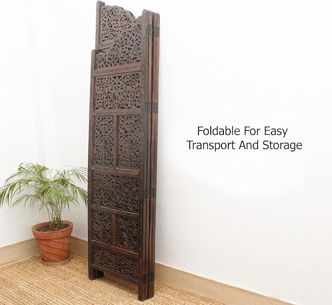 Room Divider Wood Screen - Mahanadi Antique Brown - 4 Panel Folding 72x80 - Wooden Hand Carved Screen Decorative Functional Versatile - Small Spaces Reversible Privacy Partition - COTTON CRAFT