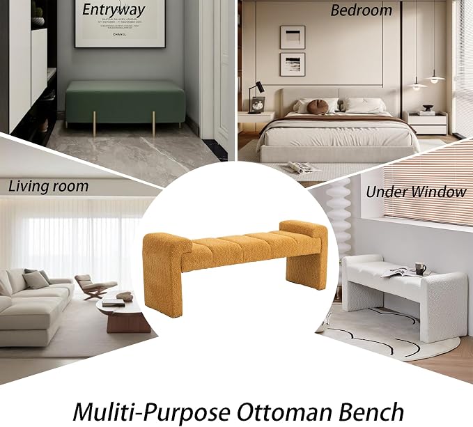 Boucle End of Bed Bench Upholstered Modern Bedroom Bench Channel Tufted Window Bench Comfy Long Ottoman for Living Room/Hallway/Indoor (Mustard, 60" Curved Arm)