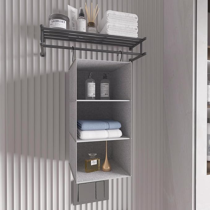 Hanging Closet Organizer, Easy Mount Collapsible 3-Shelf Camper Closet Wardrobe Hanging Storage Shelves, Folded Clothes Towels Handbag Shoes Accessories Storage, Linen Cloth, Gray