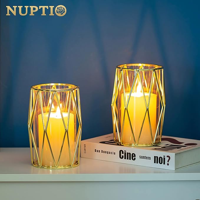 Nuptio Candle Holders for Pillar Candles - Geometric Candleholders Gold Flower Vase with Hurricane Cylinder Glass Dual Uses for Wedding Birthday Party Table Living Room Centerpieces