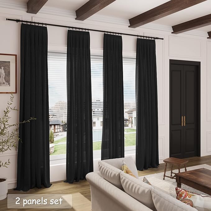 Black Linen Textured 96 Inch Curtains 2 Panel Set Back Tab Rod Pocket Sheer Light Filtering Boho Room Decor Aesthetic Curtains Burlap Look Curtain Drapes for Living Room Bedroom 8Ft 40x96 Inches