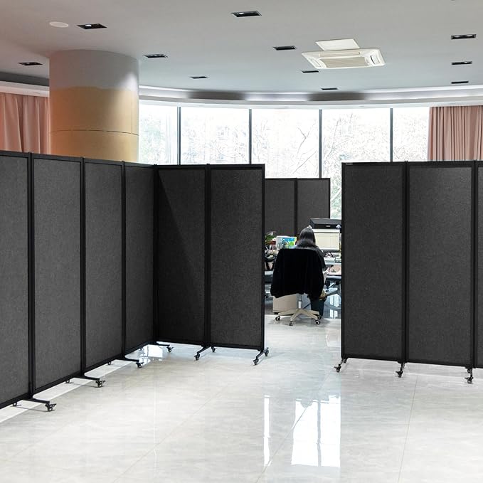 Upgrade Version Room Partition and Divider, Freestanding Rolling Dividers with Wheels,Office Privacy Screen Divider Wall,Classroom Felt Dividers,12'2"L* 6'7"H,6 Panel,Dark Grey