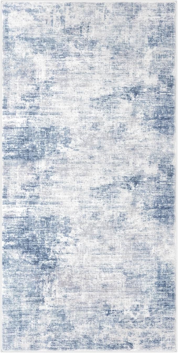 IOHOUZE Abstract Runner Rug 3x6 Ft Washable Runners for Hallways, Non Slip Kitchen Runner Printed Faux Wool Entryway Runners Indoor, Floor Carpet for Hall Kitchen Bedroom, Light Blue Grey