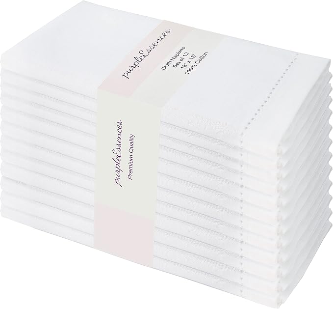 PurpleEssences Set of 12 Hemstitch Cloth Dinner Napkins 100% Cotton - Soft Durable Washable - Ideal for Wedding Spring Easter Summer - Perfect Everyday Use Table Linen 18x18 - White