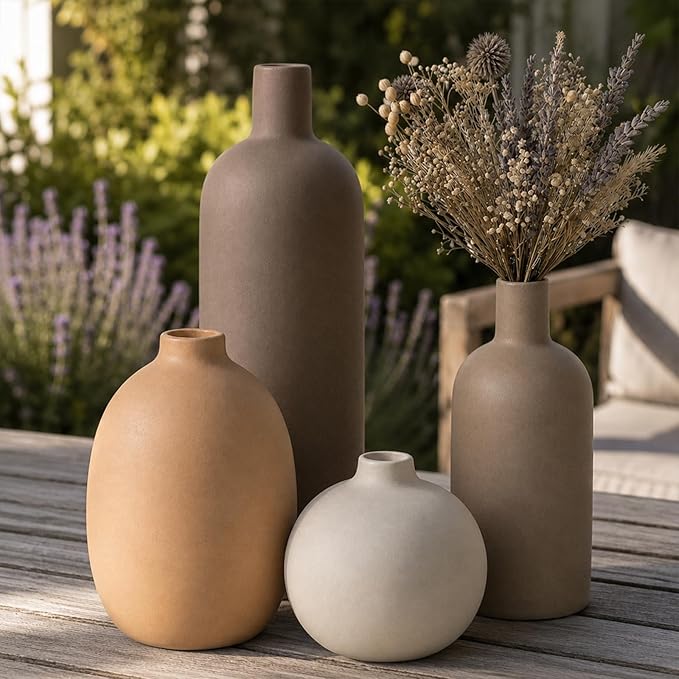 Ceramic Vase Set of 4 – Handmade Boho Neutral Farmhouse Pottery Vases for Pampas Grass, Modern Dried or Fresh Flowers, Decorative Vases for Living Room, Table, Shelf & Entryway