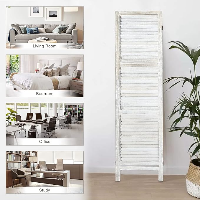 Room Divider with Shelves, Privacy Screen, Room Dividers and Folding Privacy Screens, 4 Panel Wood Temporary Wall Partition Separation Separator, Distressed White