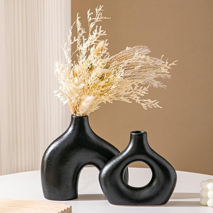 Zormon Ceramic Vase Set of 2, Black Round Pampas Grass Vases for Home Decor, Boho Donut Vases for Flowers, Nordic Minimalism Style for Table Centerpiece Living Room Bedroom Shelf Decor
