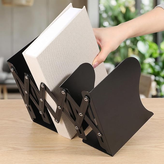 2 Pcs Adjustable Bookends, 2 Dividers, Metal Book Ends for Heavy Books Anti-Slip Book Organizer for Desk Shelves Office, Extends up to 19 inch (Black)
