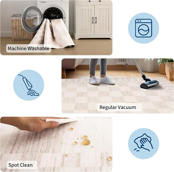 GarveeHome 8×10 Area Rugs for Living Room,Beige Checkered Rug,Modern Non-Slip Washable Farmhouse Geometric Checkerboard Rugs for Bedroom Dining Room Office