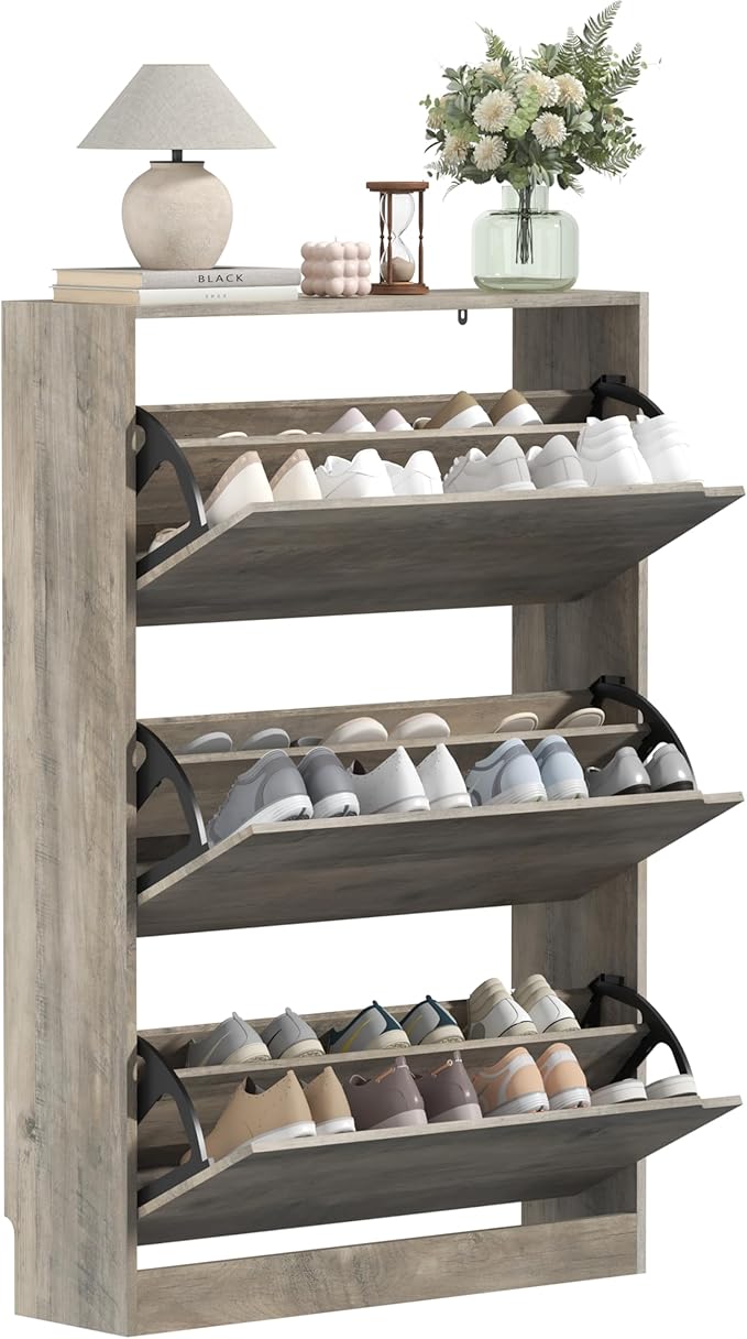 Wodeer Shoe Storage Cabinet with 3 Flip Drawers, Slim Hidden Wood Shoe Cabinet Storage for Entryway, Freestanding Narrow Shoe Rack Organizer with Adjustable Shelves for Foyer, Hallway, Grey